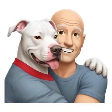 large gray male pit bull smiling and hugging bald white mature man no beard with red tshirt sticker