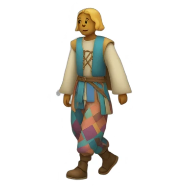 person wearing colorful pattern wide pants, walking, medieval sticker