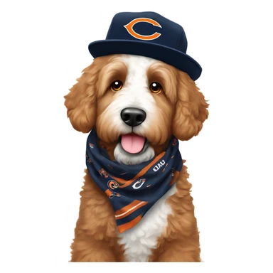 Bernedoodle with chicago bears hat and scarf sticker