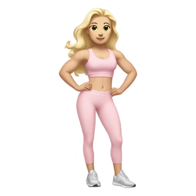 White woman, pale skin, long hair, blonde hair, wavy hair, baby pink sports bra, baby pink leggings, flexing right arm, left hand on hip sticker