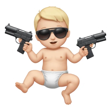 Baby in diaper with black sunglasses shooting machine guns in the air jumping left to right  sticker