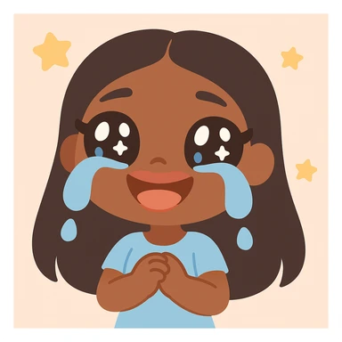 anime style character with dark skin and dark hair, inspired by Bratz dolls, crying laughing expression, big expressive eyes, glossy lips sticker