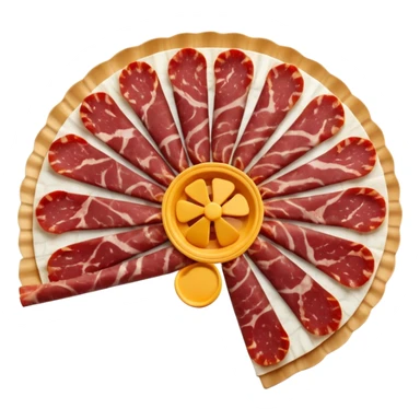 thinly sliced rounds of dry-cured pork sausage with marbled deep red meat and white fat, slightly ruffled edges, dense speckled interior, arranged in a loose overlapping fan, firm artisanal texture, soft lighting, subtle shadows, transparent background, emoji scale sticker