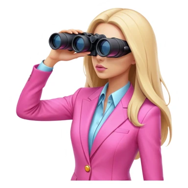 futuristic-looking woman with long hair in an intensive color pink suit looking through binoculars, viewed from an angled perspective. sticker