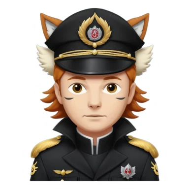An auburn-hair'ed admiral with a flawless bear and mustache wearing a black admiral outfit and hat with Wolf Ears coming out of the hat, and 9 tails behind him, with the admiral black shirt featuring on the left breast pocket the insignia of Helldivers 2. sticker