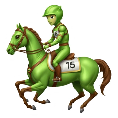 alien riding horse wearing racing cloth with number 15 sticker