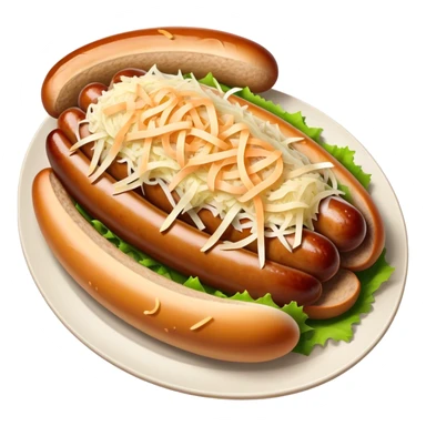 Bratwurst Cinematic Realistic Bratwurst Dish Emoji, depicted as a grilled bratwurst topped with a generous serving of shredded sauerkraut, rendered with rich textures and dynamic, appetizing lighting. sticker