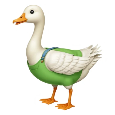 "Emoji of a white running goose with a very long neck and two legs. The goose wears bright green dungarees." sticker
