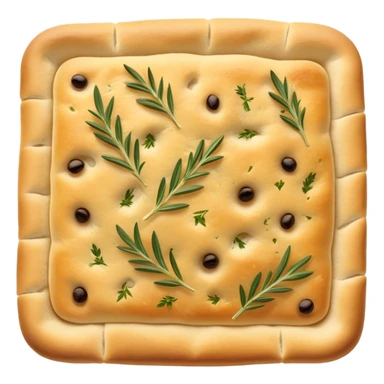 Focaccia Cinematic Realistic Focaccia Bread Dish Emoji, depicted as a golden, olive-oil brushed flatbread sprinkled with herbs, rendered with lifelike textures and warm, inviting lighting. sticker