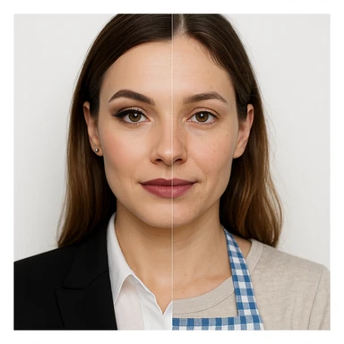 hyper realistic split portrait of a woman, half face with professional makeup and office clothes, half face natural, homemaker apron, white background, symmetry, clear contrast sticker