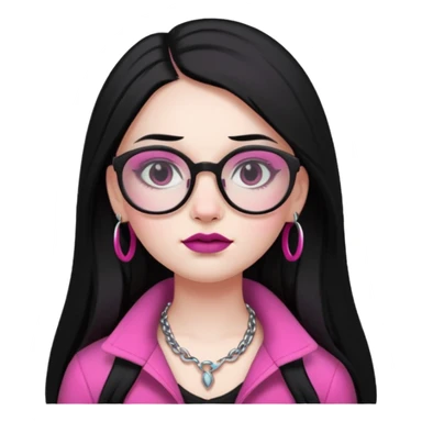 pale-skinned girl, facial piercings, long straight black hair fading to pink, bold dark makeup, glasses, curvy figure sticker
