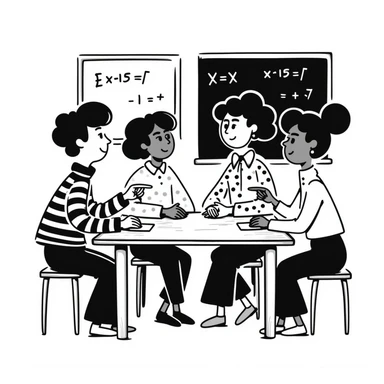 four students of different origins sitting around a table following a course, friendly atmosphere, hand drawn style, classroom background sticker
