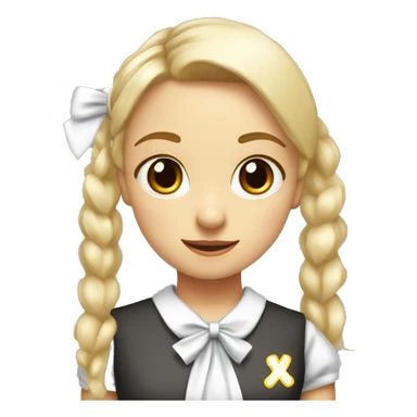 Draw a blonde schoolgirl with fringes and a high ponytail with a big white bow. the girl has red eyes and smiles wryly sticker