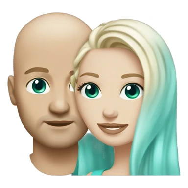 Couple. White skin. Male bald. Aqua eyes. Woman long blonde brown highlight hair. 35. Teal eyes.  sticker