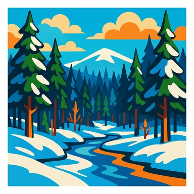 Siberia landscape, snowy forest, vibrant cartoon style sticker