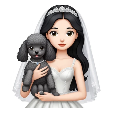A beautiful girl with long black hair in a wedding dress holds a small gray poodle sticker