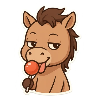 A horse licking a lollipop with a smug expression sticker