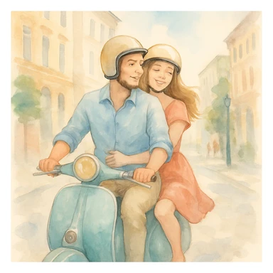 watercolour style, couple on a scooter, city street background, light and airy feel sticker
