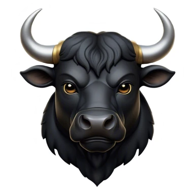 Cinematic Noble Black Bull Portrait Emoji, Poised and regal, with a massive, muscular build and a sleek, well-groomed pure black hide, deep-set soulful dark eyes, Simplified yet sharp and sophisticated features, highly detailed, glowing with a soft, dignified glow, high shine, intelligent and formidable, stylized with an air of strength, focused and attentive, soft glowing outline, capturing the essence of a watchful and confident guardian, so majestic it feels as though it could charge out of the screen with effortless authority! sticker