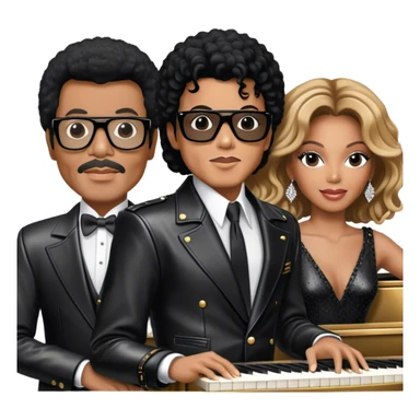Michael Jackson in his black leather jacket, Beyoncé in a glamorous stage outfit, Lionel Richie in his classic look, Whitney Houston in her famous dress, and Ray Charles in black glasses sitting at a piano. Transparent background. sticker