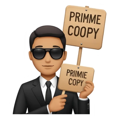 A man in a black suit and black sunglasses holds a sign that says PrimeCopy sticker