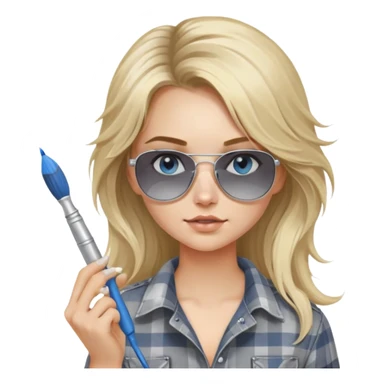 girl with long blond messy hair, wearing grey plaid shirt with blue eyes and aviator sunglasses wearing a ring on her silver necklace, holding a paint brush roller with a small bit of white paint on her face sticker
