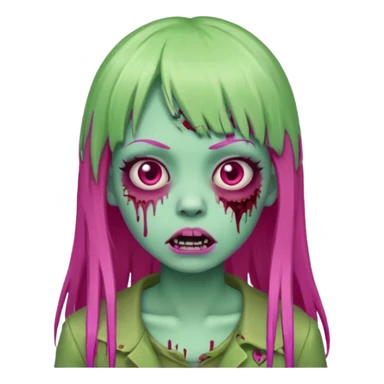Create a female zombie emoji with long, straight hair in hot pink and bangs. sticker