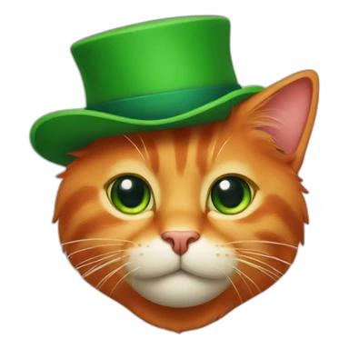 A red cat with a green hat and a staff sticker