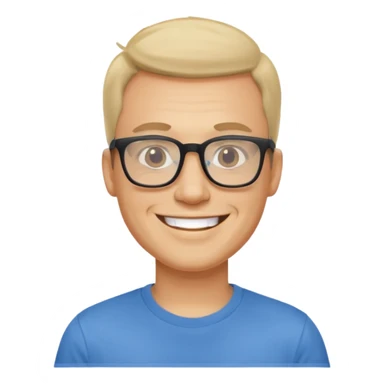 portrait of adult man, wearing a t-shirt, square glasses, grinning face sticker