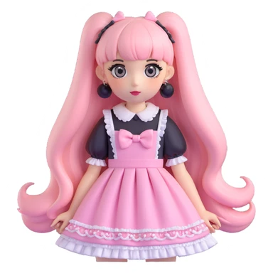 pale girl with straight long black and baby pink swirled hair with bangs, grey eyes, doll-like makeup, wearing a light pink lolita hime gyaru dress, 3D emoji style sticker