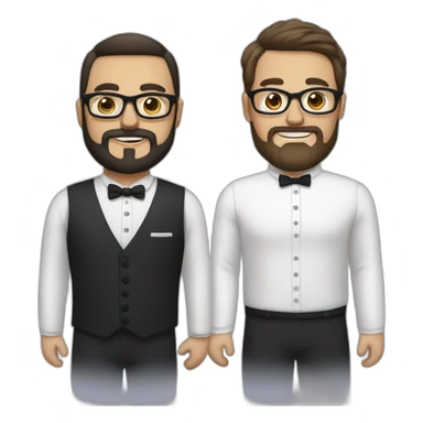 two groom, one with a dark beard and glasses and the other beardless with light hair and white skin sticker