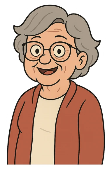 Remove the background and keep only the elderly woman with glasses in flat toon style with transparent background. sticker