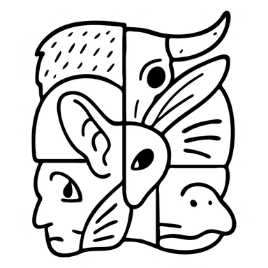 a red fragmented collage of different creature face parts with clear dividing lines between pieces: stoat fur section, minotaur skull section with horn, frog eye section, elf ear section, moth antenna section, cat whisker section, platypus bill section, and capybara nose section, arranged irregularly like a cubist painting with deliberate line splits, weathered appearance sticker