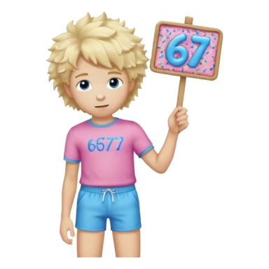 Teenage blond boy with fluffy hair, wearing pink shorts and blue sprinkles, holding a sign that says 67 sticker