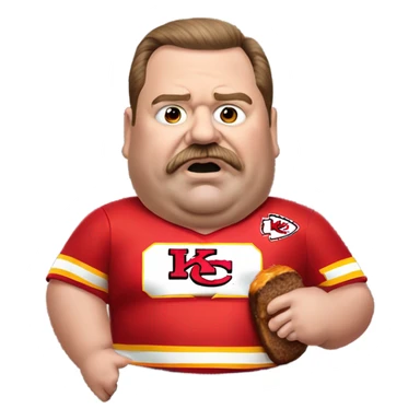Very obese Andy Reid Kansas City chiefs eating meatloaf he’s pulled from his pocket wearing a chiefs uniform sticker