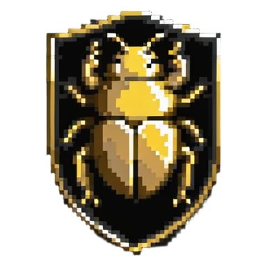 A gold shield-shaped badge with a beetle silhouette like Discord's bug hunter badge sticker