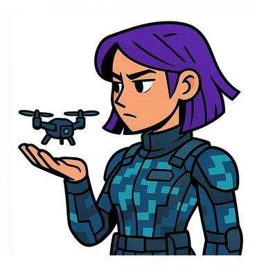 young woman with purple hair in a digital-patterned tactical suit, holding a small drone in her palm, analytical expression sticker