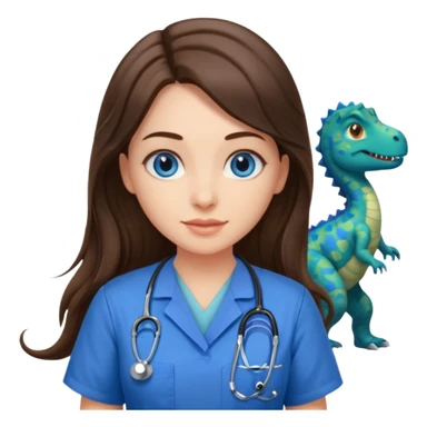 pretty brunette nurse with long hair and blue eyes in dinosaur pattern scrubs sticker
