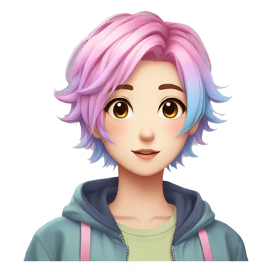 Gorgeous anime style tomboy with blushing face aesthetic and pretty colorful shiny gradient pastel hair trending style sticker