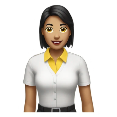 Ikea manager woman with yellow ikea shirt, black hair and white gloves and yellow shirt sticker