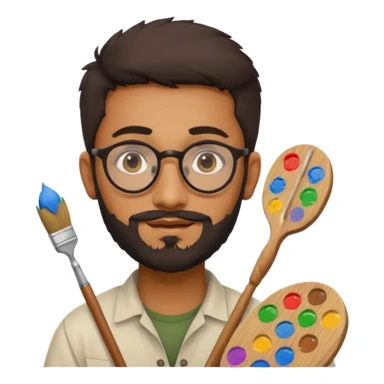 generate an ios genmoji of a 20 year old tan indian boy with rounded spectacles and a whaler beard, carrying a paintbrush and palette sticker