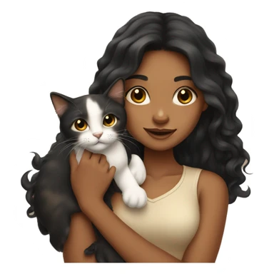 tan girl with long wavy black hair, holding a calico cat sticker