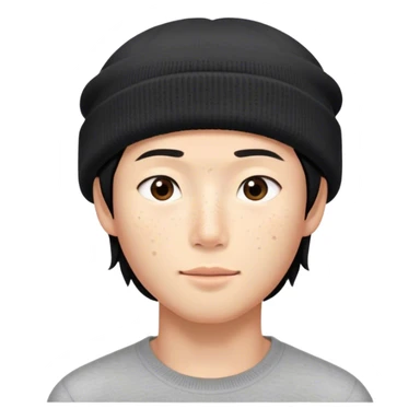 The person in the photo has soft facial features with clear and delicate contours, giving off a calm and introspective vibe. His skin tone is natural, with light freckles adding to his distinct look. His eyes appear gentle yet deep, carrying a thoughtful expression, while the slight upward curve of his lips creates a relaxed and effortless atmosphere.

He has medium-length hair that falls naturally around his shoulders, complemented by a black beanie that adds depth to his overall appearance. His expression conveys a sense of quiet individuality, giving off the impression of a reserved yet artistic personality. He is Asian, which further adds to his unique and recognizable look. sticker