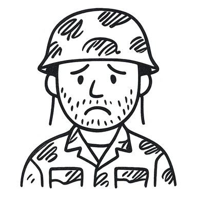 A white man with stubble in a soldier's uniform and a sad face sticker