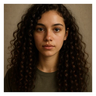 portrait of a girl with long curly brown hair type 3a and dark brown eyes, digital realistic style sticker