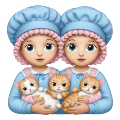 Curly hair baby twins with one wearing a baby pink bonnet and one wearing a baby blue bonnet while holding cat plushies sticker
