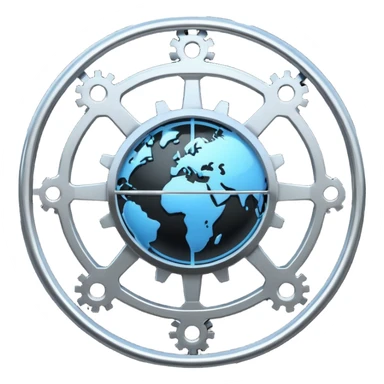 Minimal black line icon of a gear and globe, with circuit-style connected nodes, flat vector style, thin stroke, white background, representing global system configuration and connectivity. sticker