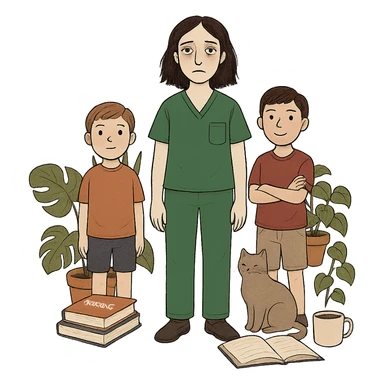 Edit the image to add two boys. The woman should be wearing Kelly green scrubs, with longer and darker hair. She should be tall and medium build, with pale skin, gray eyes, and a tired expression. Surround her with house plants, a cat, and nursing and study items. Remove the background entirely. sticker