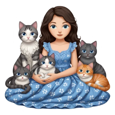 detailed realistic looking a dark grey and white cat regally laying with six other cats, cuddling with their owner in bed who is a pretty bratz lightly tanned white girl with long dark brown hair, blue eyes and gorgeous long wavy hair wearing a pretty detailed dress sticker