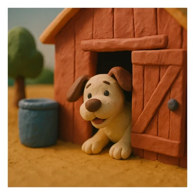 dog peeking out of a barn door, playful and cute, hand-molded details, claymation style sticker